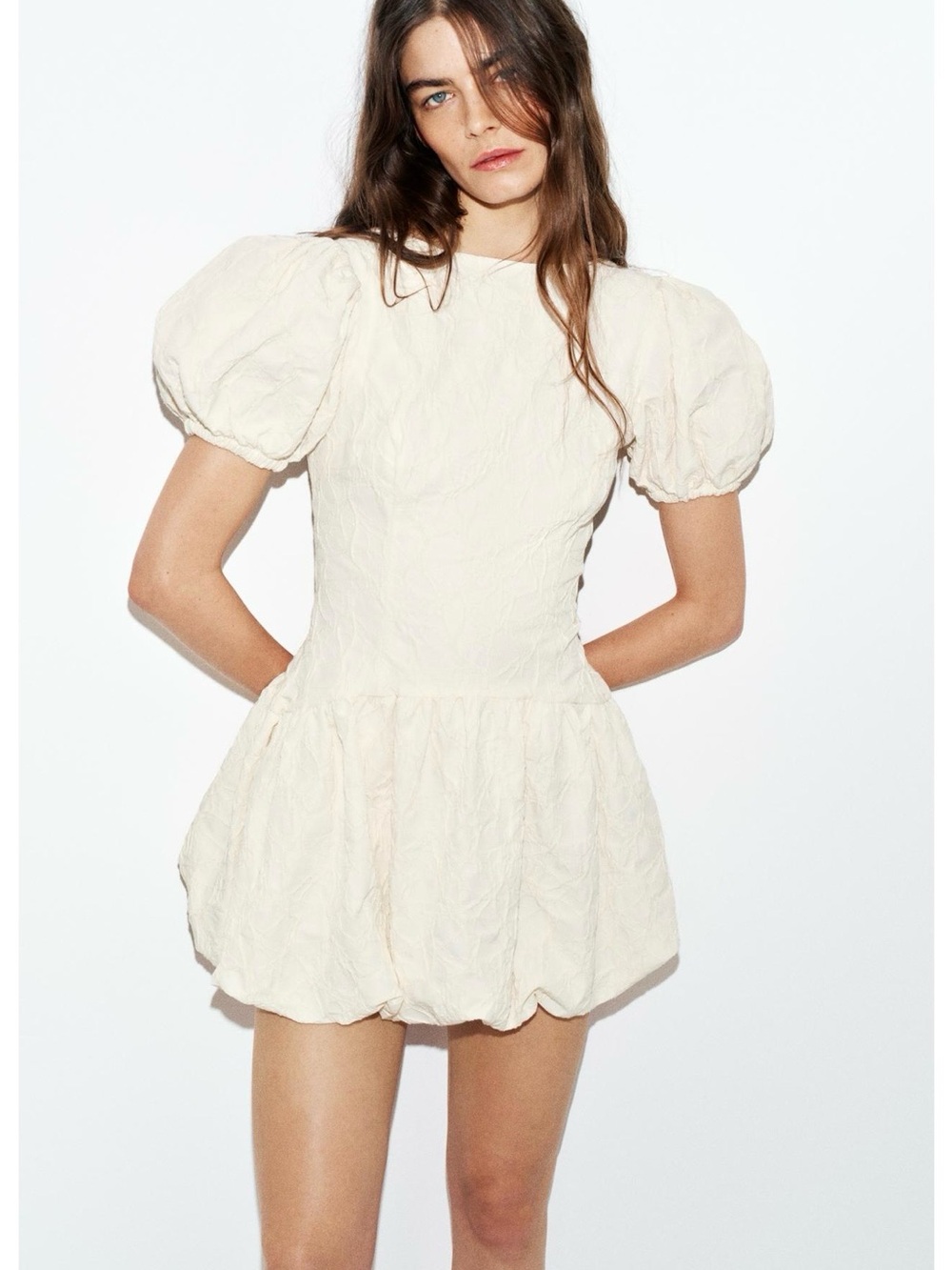 Zara Jacquard balloon Puff-Sleeve Mini Dress - Ecru